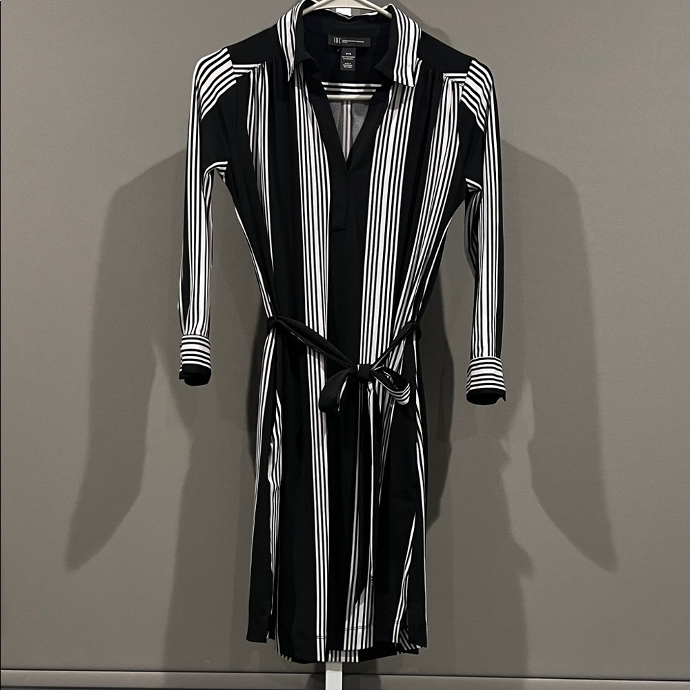 B&W Belted Shirt Dress with Pockets